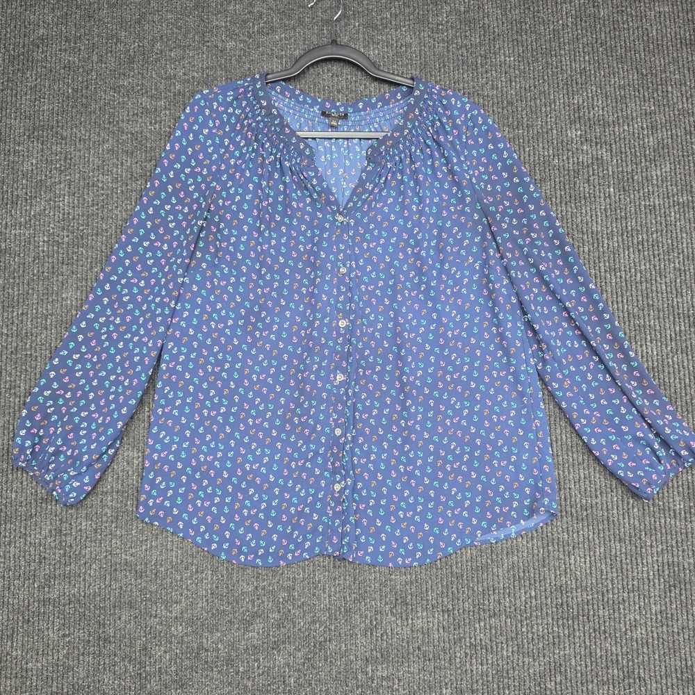 Talbots Petite Blue Anchor Print Button Down Blouse Long Sleeve Top LP